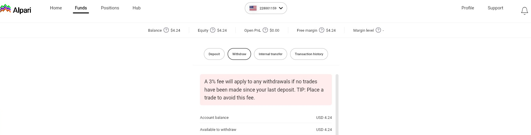 withdraw tab will show the account balance and payment method
